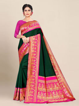 Anjaneya Sarees - Green Woven Designer Banarasi Silk Kanjivaram Saree with Unstitched Blouse