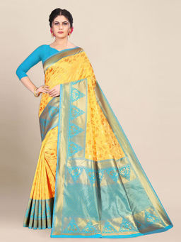 Anjaneya Sarees - Yellow Woven Designer Banarasi Silk Kanjivaram Saree with Unstitched Blouse