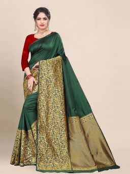 Anjaneya Sarees - Green Woven Designer Banarasi Silk Kanjivaram Saree with Unstitched Blouse