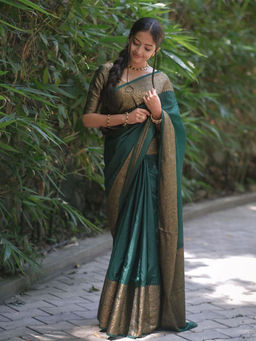 Anjaneya Sarees - Green Woven Designer Banarasi Silk Kanjivaram Saree with Unstitched Blouse