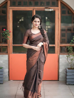 Anjaneya Sarees - Brown Woven Designer Banarasi Silk Kanjivaram Saree with Unstitched Blouse