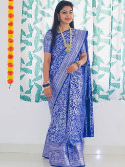 Anjaneya Sarees - Blue Woven Designer Banarasi Silk Kanjivaram Saree with Unstitched Blouse
