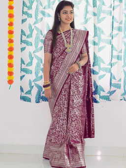 Anjaneya Sarees - Maroon Woven Designer Banarasi Silk Kanjivaram Saree with Unstitched Blouse