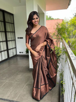 Anjaneya Sarees - Brown Woven Designer Banarasi Silk Kanjivaram Saree with Unstitched Blouse