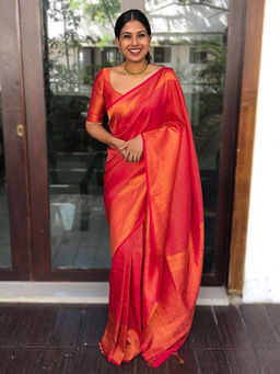 Anjaneya Sarees - Red Woven Designer Banarasi Silk Kanjivaram Saree with Unstitched Blouse