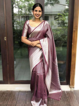 Anjaneya Sarees - Wine Woven Designer Banarasi Silk Kanjivaram Saree with Unstitched Blouse