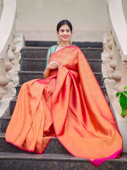 Anjaneya Sarees - Orange Woven Designer Banarasi Silk Kanjivaram Saree with Unstitched Blouse