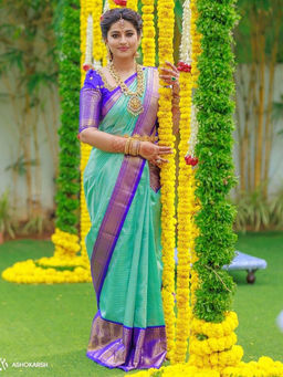 Anjaneya Sarees - Blue Woven Designer Banarasi Silk Kanjivaram Saree with Unstitched Blouse