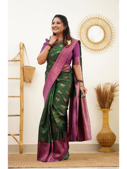 Anjaneya Sarees - Green Woven Designer Banarasi Silk Kanjivaram Saree with Unstitched Blouse
