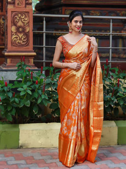 Anjaneya Sarees - Orange Woven Designer Banarasi Silk Kanjivaram Saree with Unstitched Blouse