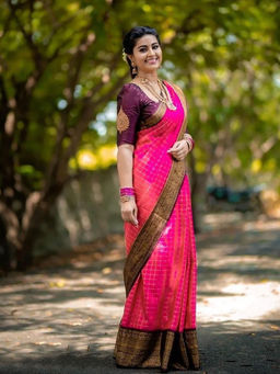 Anjaneya Sarees - Pink Woven Designer Banarasi Silk Kanjivaram Saree with Unstitched Blouse