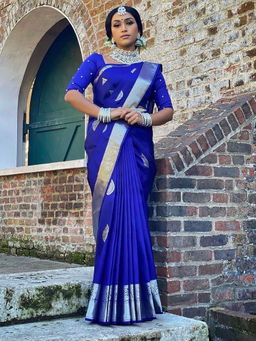 Anjaneya Sarees - Blue Woven Designer Banarasi Silk Kanjivaram Saree with Unstitched Blouse