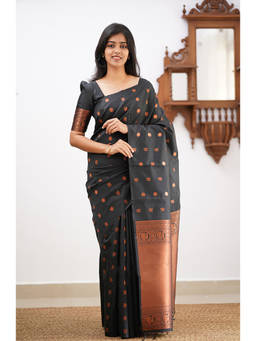 Anjaneya Sarees - Black Woven Designer Banarasi Silk Kanjivaram Saree with Unstitched Blouse