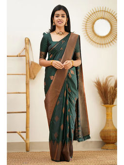 Anjaneya Sarees - Green Woven Designer Banarasi Silk Kanjivaram Saree with Unstitched Blouse
