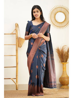 Anjaneya Sarees - Navy Blue Woven Designer Banarasi Silk Kanjivaram Saree with Unstitched Blouse