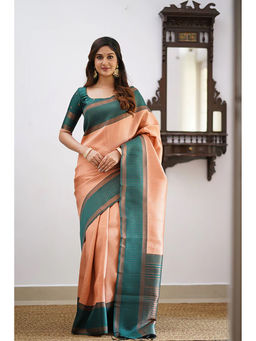 Anjaneya Sarees - Peach Woven Designer Banarasi Silk Kanjivaram Saree with Unstitched Blouse