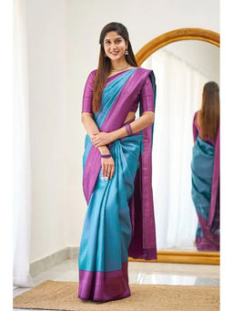 Anjaneya Sarees - Teal Woven Designer Banarasi Silk Kanjivaram Saree with Unstitched Blouse
