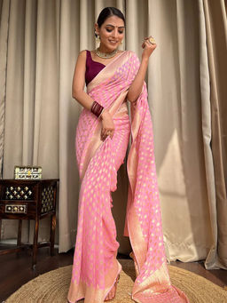Anjaneya Sarees - Pink Woven Designer Banarasi Silk Kanjivaram Saree with Unstitched Blouse