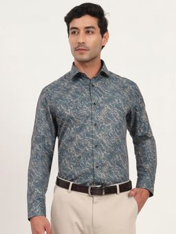 Greenfibre - Slim Fit Green Cotton Blend Printed Party Wear Shirt