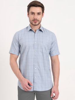 JadeBlue - Checks Tailored Fit Blue Cotton Semi Casual Shirt