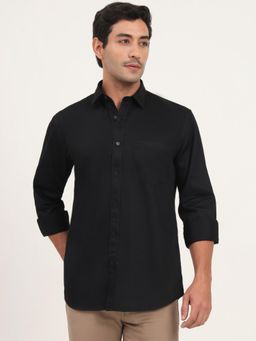 JadeBlue - Solid Slim Fit Black Cotton Semi Casual Shirt