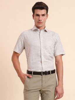 JadeBlue - Regular Fit Natural Linen Checks Formal Shirt