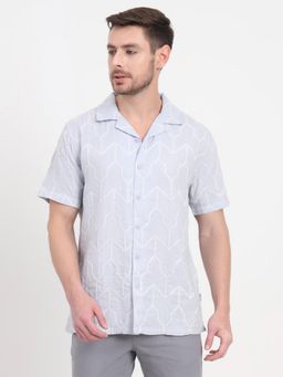 JadeBlue - Slim Fit Half Sleeve Printed Sky Blue Cotton Casual Shirt