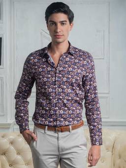 Turtle - Men Cotton Tencel Slim Fit Purple Printed Full Sleeve Party Shirt