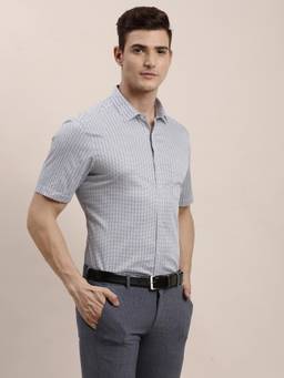 Turtle - Mens Grey Slim Fit Printed Pure Cotton Formal Shirt