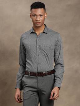 Turtle - Mens Grey Slim Fit Printed Pure Cotton Formal Shirt