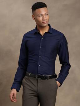 Turtle - Mens Giza Cotton Slim Fit Blue Dobby Full Sleeve Formal Shirt