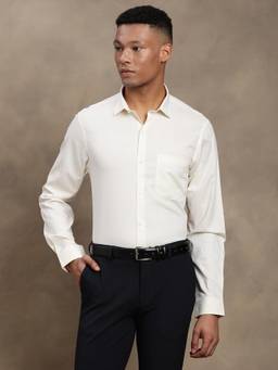 Turtle - Mens Giza Cotton Slim Fit Cream Dobby Full Sleeve Formal Shirt