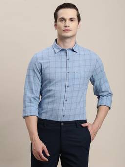 Turtle - Men Khadi Slim Fit Light Blue Checks Full Sleeve Casual Shirt