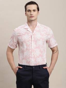 Turtle - Men Light Pink Printed Half Sleeve Slim Fit Cotton Tencel Casual Shirt