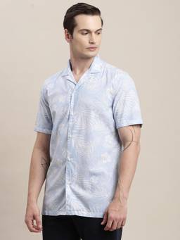 Turtle - Men Cotton Tencel CUBAN Light Blue Printed Half Sleeve Casual Shirt