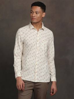 Turtle - Men Khadi Slim Fit Printed Beige Casual Shirt