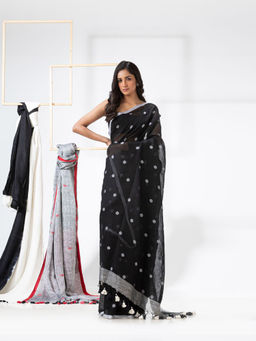 Angoshobha - Black Traditional Handloom Linen Jamdani Saree with Unstitched Blouse