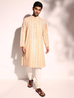 Fabindia - Men Beige Mandarin Collar Long Sleeves Kurta