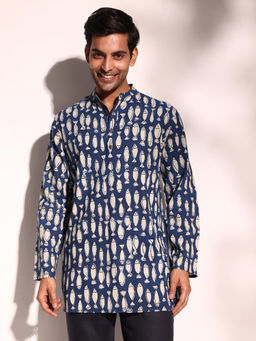 Fabindia - Men Blue Mandarin Collar Long Sleeves Kurta