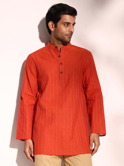Fabindia - Men Orange Mandarin Collar Long Sleeves Kurta