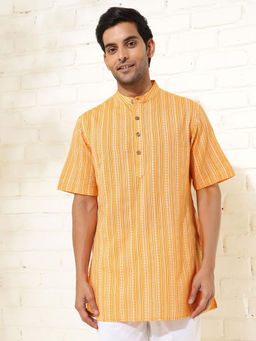 Fabindia - Men Yellow Mandarin Collar Short Sleeves Kurta