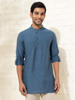 Fabindia - Men Blue Mandarin Collar Long Sleeves Kurta