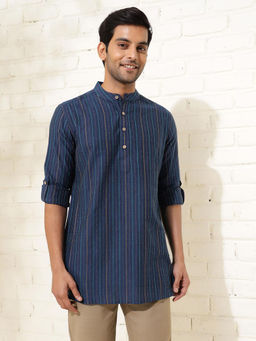 Fabindia - Men Navy Blue Mandarin Collar Long Sleeves Kurta