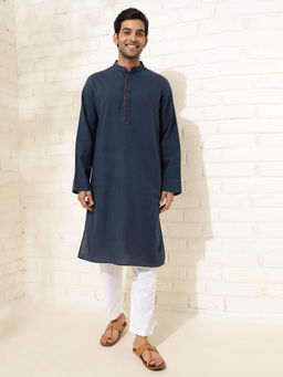 Fabindia - Men Navy Blue Mandarin Collar Long Sleeves Kurta