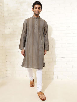 Fabindia - Men Grey Mandarin Collar Long Sleeves Kurta