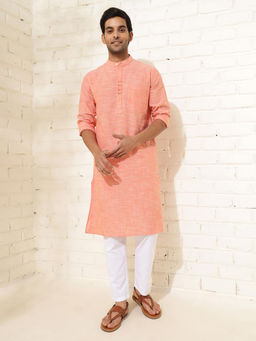Fabindia - Men Coral Mandarin Collar Long Sleeves Kurta