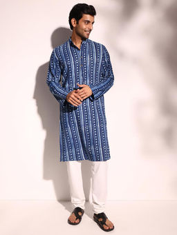 Fabindia - Men Blue Mandarin Collar Long Sleeves Kurta