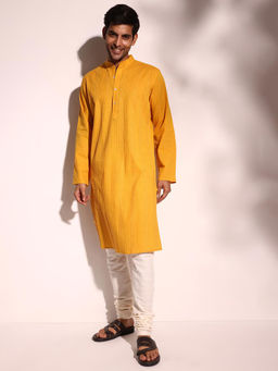 Fabindia - Men Yellow Mandarin Collar Long Sleeves Kurta