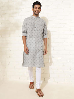Fabindia - Men Grey Mandarin Collar Long Sleeves Kurta