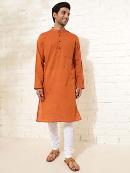 Fabindia - Men Orange Mandarin Collar Long Sleeves Kurta